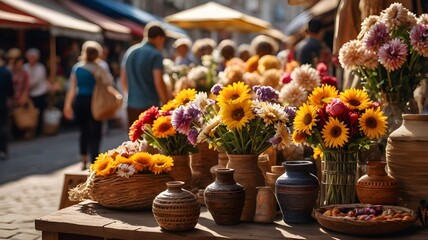 Explore colorful flower market bouquets with pottery vases, a vibrant outdoor display perfect for lifestyle blogs and home decor inspiration