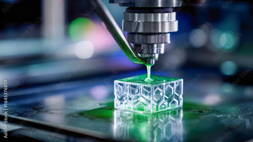 Poster close-up of a 3d printer creating a transparent geometric structure with glowing resin in a high-tec