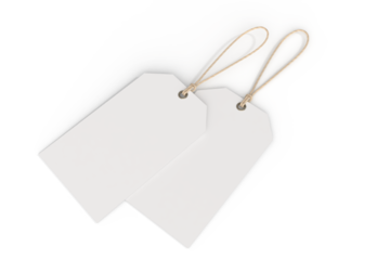 3D realistic mockup of blank hanging tags with strings, isolated on  background. Perfect template for branding, label design, packaging, fashion, retail, shopping, wedding tag, gift tag, souvenir