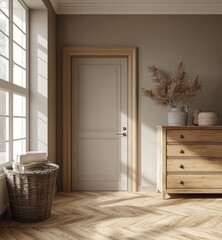 Modern living room interior with a door and dresser. 3D rendering, Generative AI