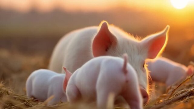 Mother Pig and Piglets in a Farm at Sunset