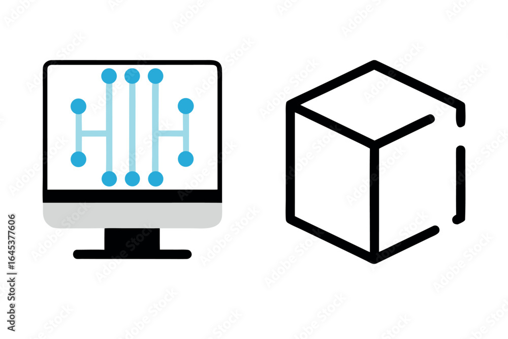 Poster computer monitor with data network and 3d cube on white background screen