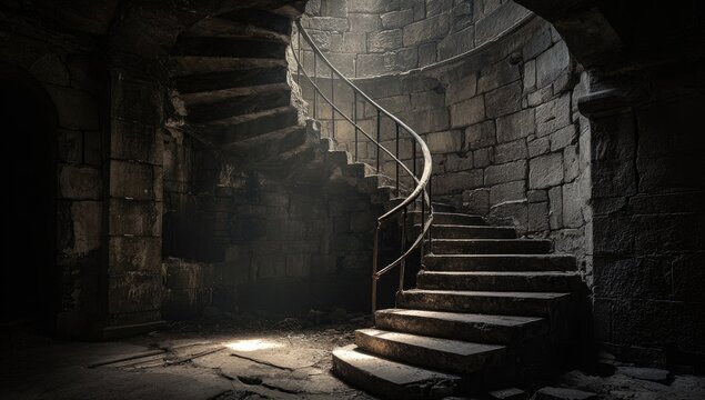 Sunlit spiral stone staircase in a dark, ancient, crumbling stone building,  showing age and decay - Powered by Adobe