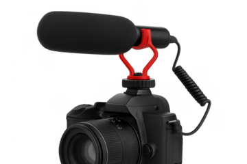 Professional dslr camera with shotgun microphone on transparent background