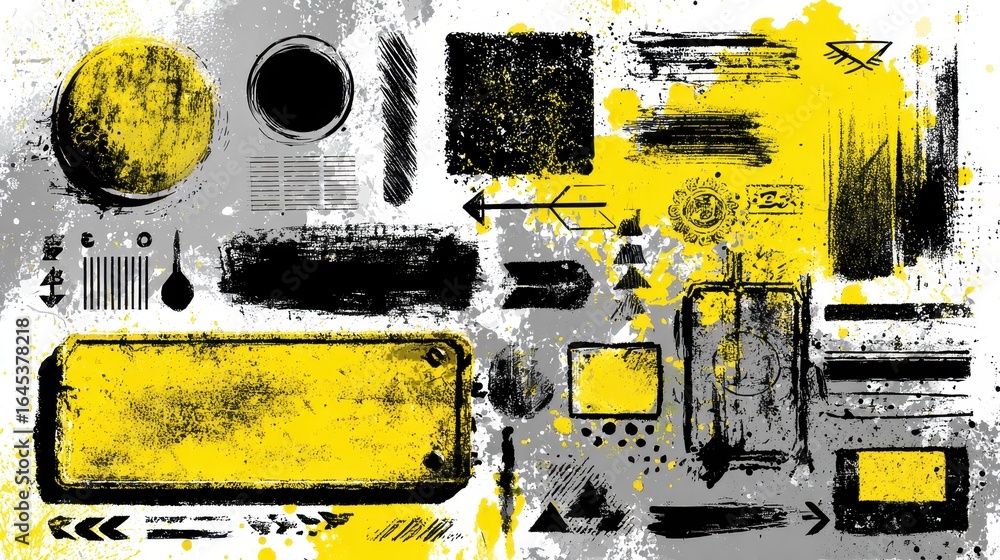 Poster graphic design elements in yellow, white, and black on gray background for use in web design