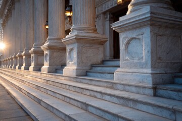 Marble steps  columns in the sunlight architectural details of a grand building