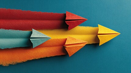 Leadership concept showing yellow paper airplane leading a group of red and orange planes