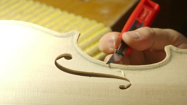 Skilled craftsman carving intricate f hole into violin body, precision woodworking creating delicate acoustic contours with specialized luthier tools