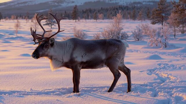 Reindeer walking on a snowy field during sunset in winter landscape