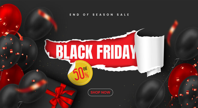Black friday sale background, banner, social media post or greeting card with torn paper and 3d text effect. Business marketing poster with plastic sticker label, balloon, glitter confetti and ribbon. - Powered by Adobe