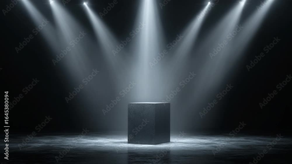 Poster dark studio scene with a grey cubic pedestal illuminated by five spotlights, creating a dramatic and
