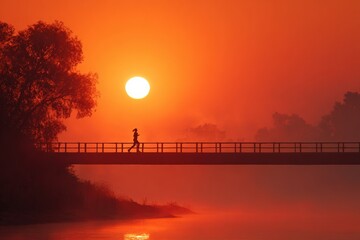 Obraz premium Silhouette of athletic woman running on bridge over foggy river at sunrise, enjoying healthy lifestyle