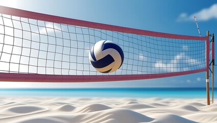 A Volleyball in Mid-Air Over the Net at the Beach