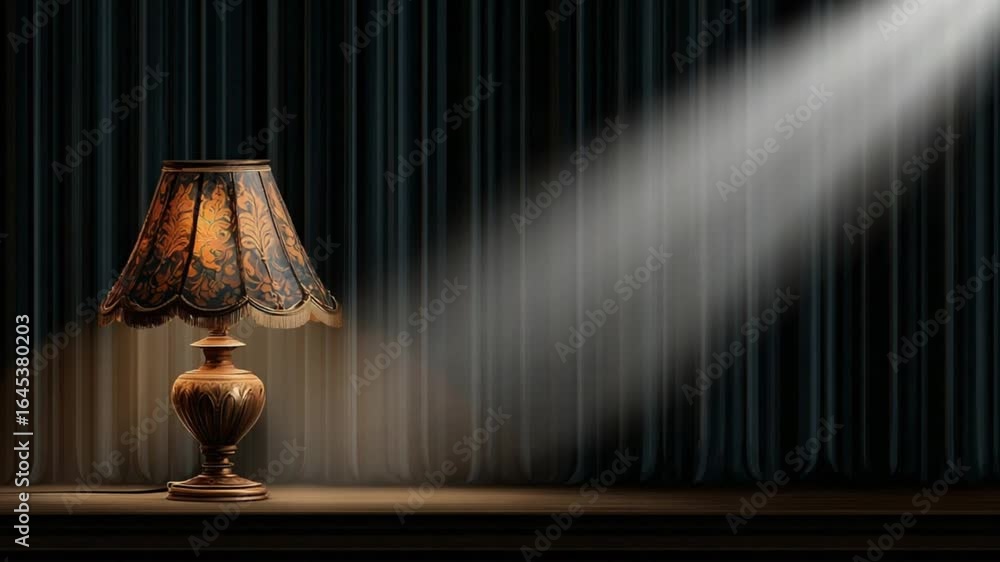 Poster ornate table lamp with patterned shade illuminated by a single spotlight against a dark curtain back
