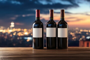 Fototapeta premium Three wine bottles on a wooden table with a blurred