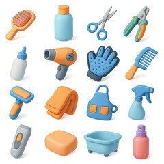3d pet grooming icon set featuring brush, shampoo, scissors, clippers, spray bottle, and apron symbols