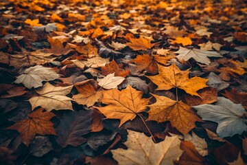Autumn leaves in shades of gold, orange, and brown covering the ground, perfect for seasonal still-life photography and nature-inspired fall design backgrounds.

