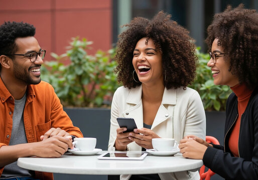 Three friends enjoying coffee and conversation at an outdoor cafe, laughing and connecting with each other using a smartphone