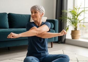 Mature woman stretching her arms while sitting on a yoga mat at home, promoting fitness, wellness, and a healthy lifestyle