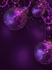 Purple disco balls hang against a deep purple background, adorned with shimmering gold confetti. Space for text