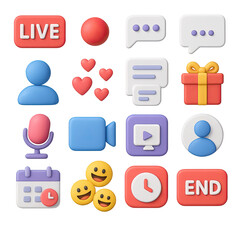 3d social media icons set with live, chat, gift, microphone, video, calendar, clock, and end symbols