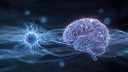 A neuron connects to a translucent brain, glowing softly amidst dark, flowing energy