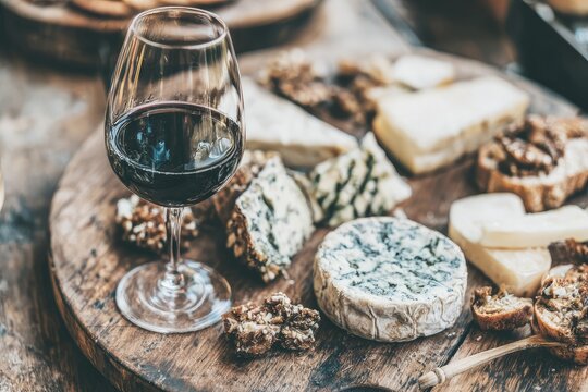 Wine and cheese platter on a wooden board