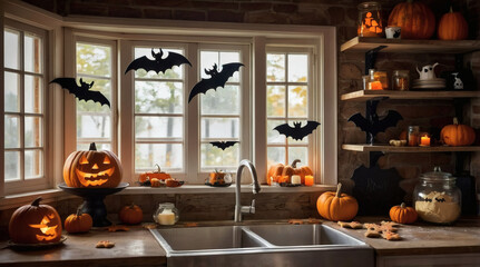 Fototapeta premium Rustic kitchen interior with Halloween baking in progress, dough and cookie cutters shaped like bats and ghosts, pumpkins on shelves, warm daylight.