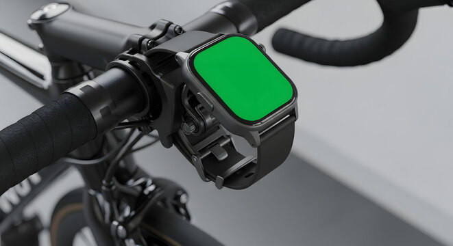 Smartwatch with a blank green screen on a bicycle handlebar mount for a fitness app mockup