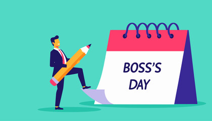 Employee with a giant pencil marking the date for Boss's Day on a large calendar. Concept of workplace appreciation and leadership celebration.