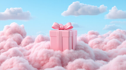 Gift box pink ribbon layer of fluffy clouds sky, copy space, advertisement. Getting presents, 3d