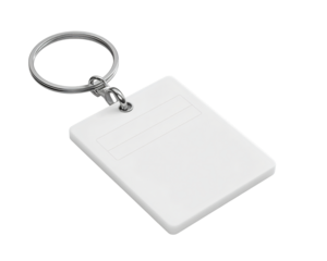 Blank white rectangular keychain with metal ring, ready for branding
