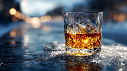 Glass of whiskey with ice cubes on a frozen surface in the evening light. The warm amber glow of the drink contrasts with the cool tones of the background, creating a cozy and inviting atmosphere