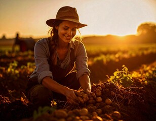 Female farmers harvest potatoes