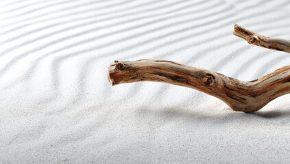 Naklejka premium A weathered, light brown branch rests on a bed of white sand, elegantly curved, showcasing serene, rippled textures