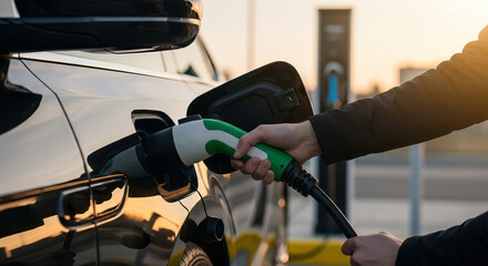 Person connecting a green and white charging cable to a dark colored electric vehicle at dusk