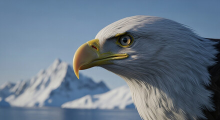  Hyperrealistic Professional Photography of a Bald Eagle Soaring Over Snowy Glaciers — Ultra-Detailed Close-Up Highlighting Feather Texture, Piercing Sharp Eyes, Soft Cinematic Lighting with Balanced 