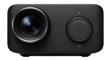 Bluetooth projector featuring a rotating lens mechanism and a soft-touch control dial