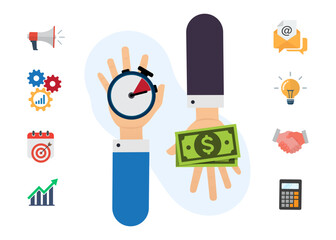 Timer hand and money. Business management. Stopwatch icon vector. Fast money. Time management. Vector stock illustration.