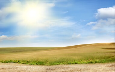Sunny skies over golden fields landscape