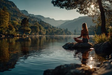 Young woman practicing yoga at sunrise, meditating on a rock in the middle of a lake, surrounded by a stunning mountain landscape