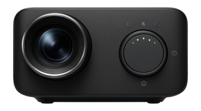 Bluetooth projector featuring a rotating lens mechanism and a soft-touch control dial