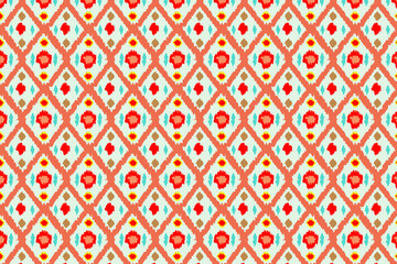Seamless ethnic art pattern design featuring traditional Ikat motifs in vibrant colors and intricate detail