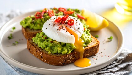 Delicious Avocado Toast with Poached Egg and Chili Flakes