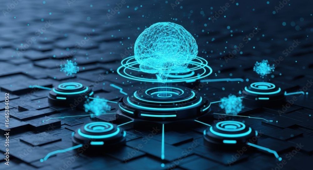 Poster glowing artificial intelligence brain with interconnected nodes