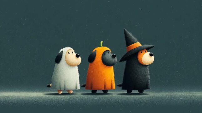 Three cute puppies are walking and jumping in a row, one dressed as a ghost, another as a pumpkin with an orange blanket, and another in a black blanket and witch hat. A cheerful Halloween concept.