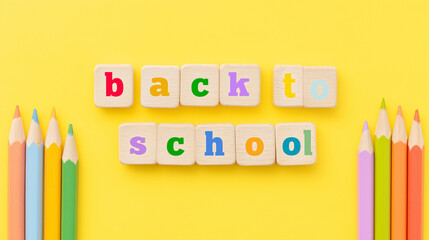 back to school concept,back to school written on toy building blocksr,Back to school concept on yellow background with colored pencils