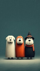 Obraz premium Simple illustration of three furry dogs dressed up for Halloween, facing front: one dressed as a witch with a scarf and hat, another as a ghost with a blanket, and another as a pumpkin. Text space.