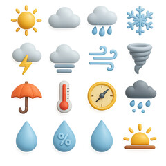 3d weather icons set featuring sun, cloud, rain, snowflake, wind, tornado, umbrella, thermometer, and clock