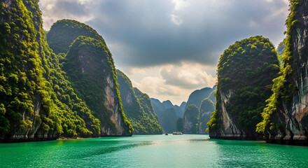 Picturesque view of halong bay, vietnam, with its stunning limestone karsts and emerald waters under a cloudy sky